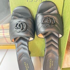 Gucci Nappa Charlotte Quilted Leather Slide Mules Black